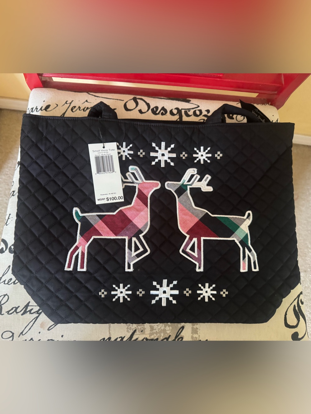 Vera Bradley Small Tote Bag Nordic Plaid Deer Black Purse Handbag New